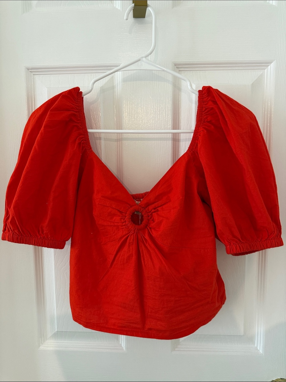 Red Puff-Sleeve Tie-Front Women's Blouse